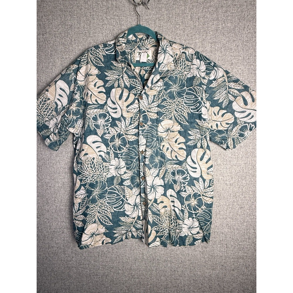Ky's Made Hawaii Tropical HIBISCUS‎ GARDEN HAWAIIAN Shirt Green Blue Floral XL